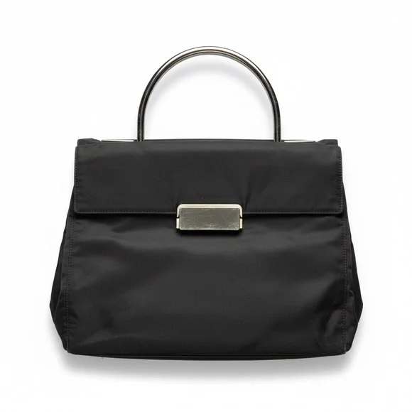 PRADA BLACK METAL HANDLE NYLON SATCHELL TOTE BAG - Picture 1 of 15